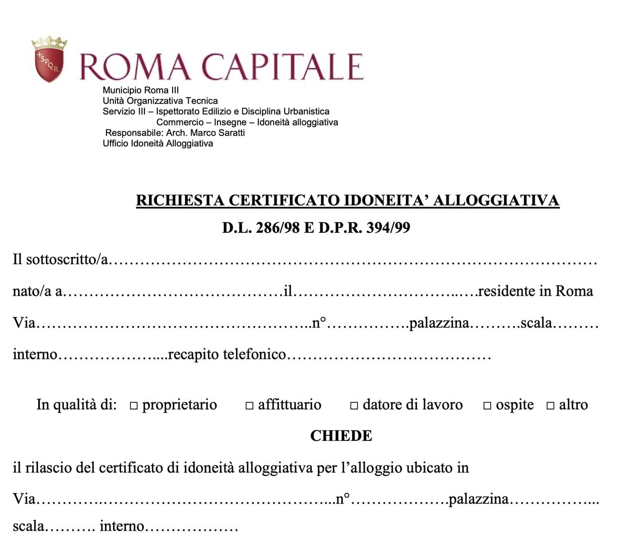 Modulo certificato idoneità alloggiativa Roma